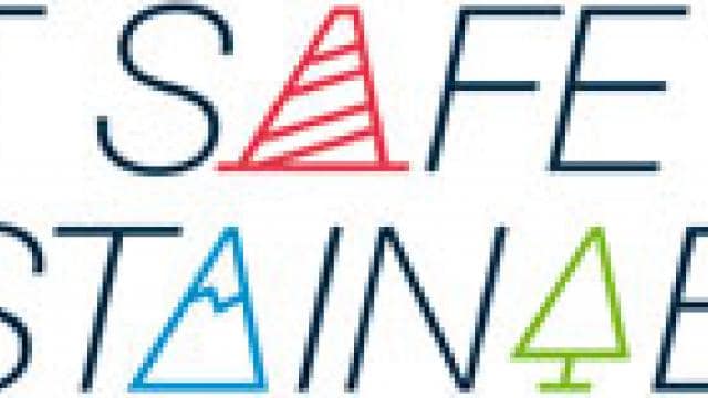 Text graphic with the words "ACT SAFE & SUSTAINABLE!" where the 'A' letters are stylized as a striped cone, mountain, and tree.