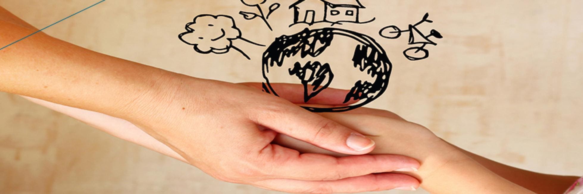 An adult hand and a child's hand hold each other, with eco-friendly doodles above, including a bicycle, house, and tree.